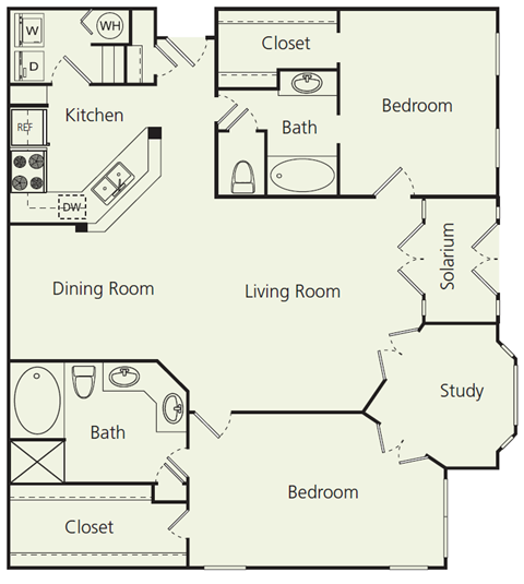 Floor plan for 2 beds, 2 baths, 1403 sqft